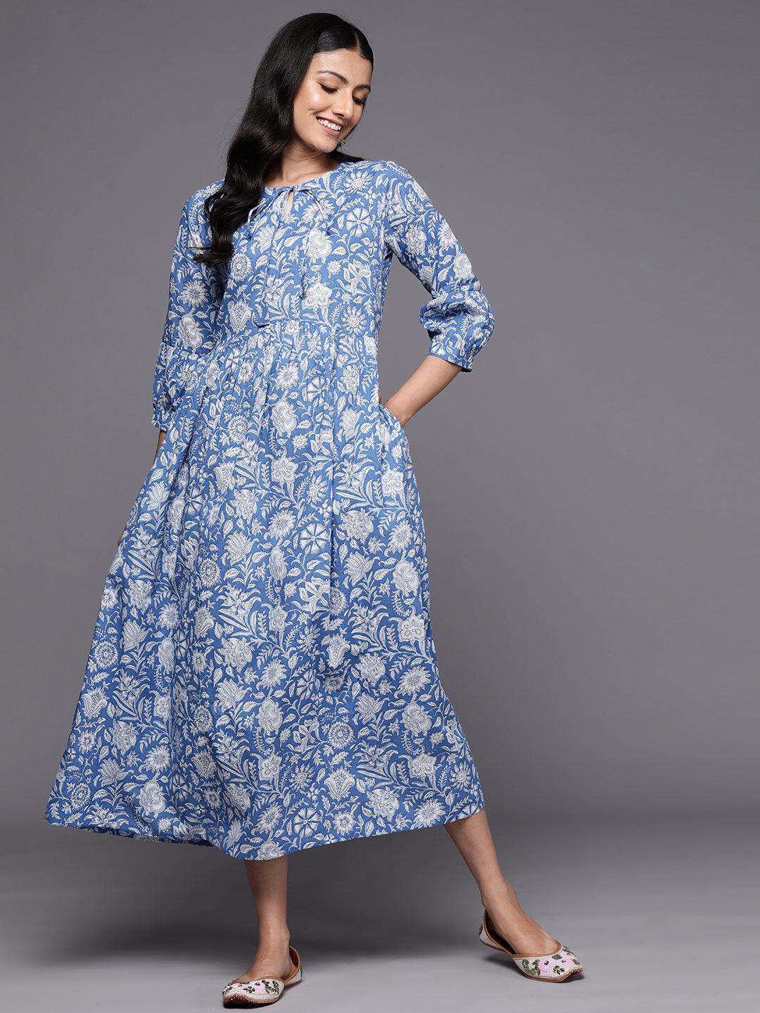 Blue Printed Cotton Empire Dress - ShopLibas