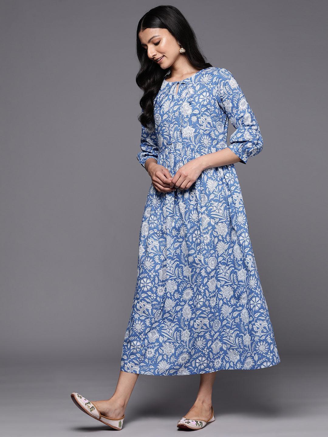 Blue Printed Cotton Empire Dress