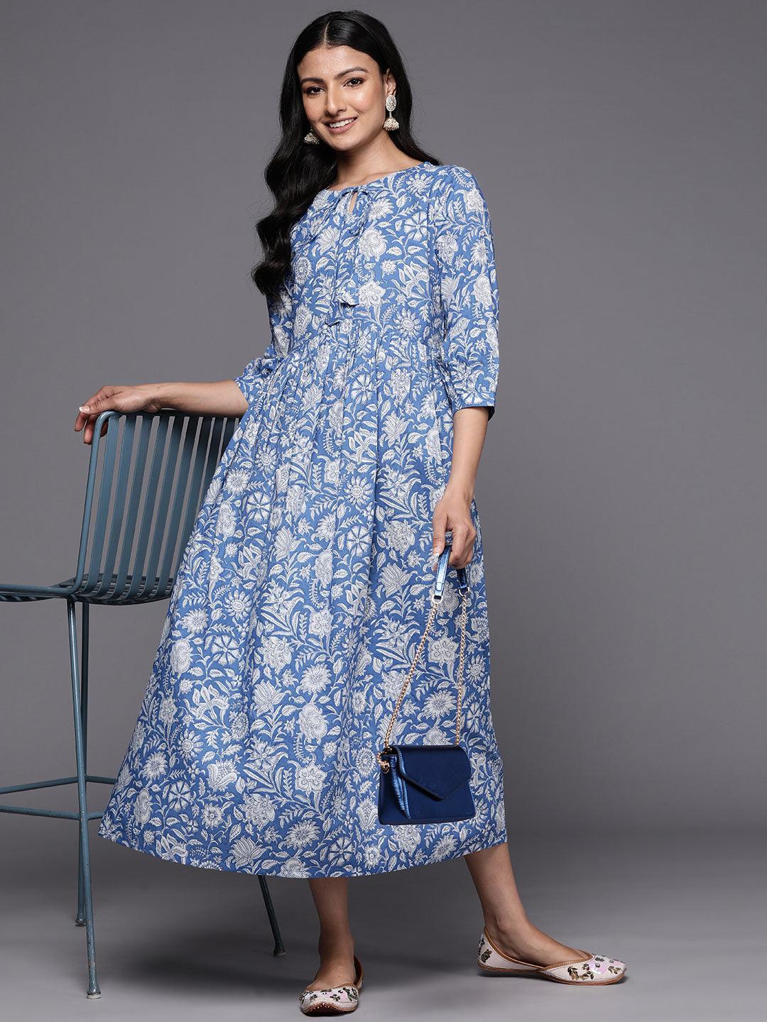 Blue Printed Cotton Empire Dress - ShopLibas