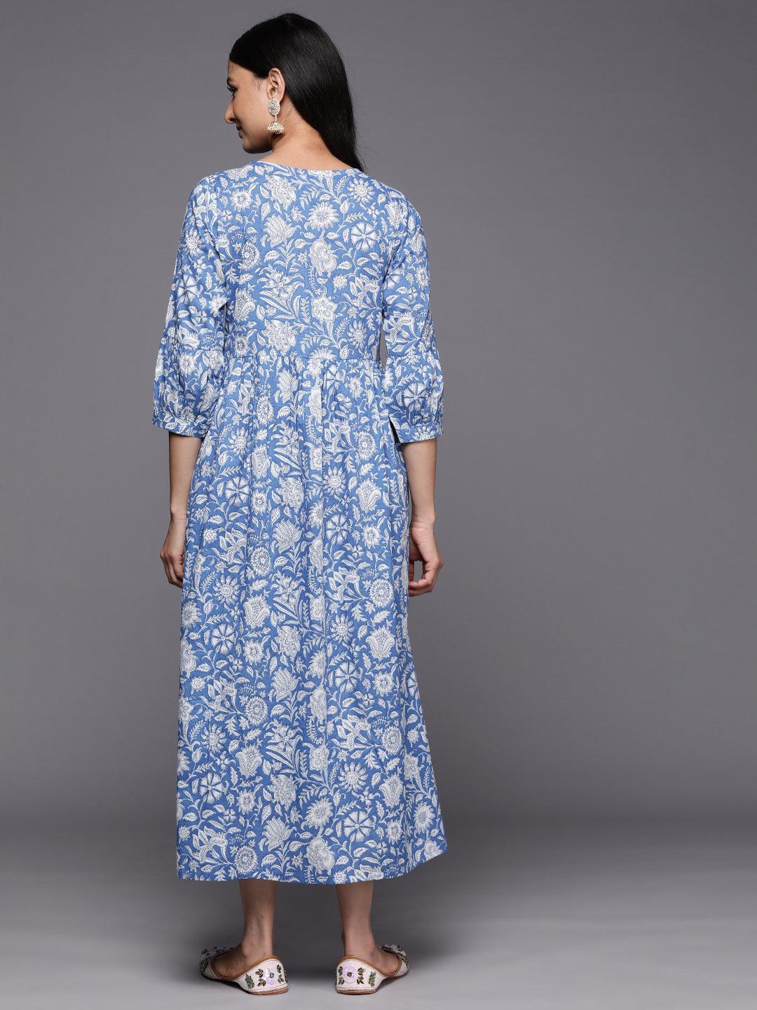 Blue Printed Cotton Empire Dress - ShopLibas