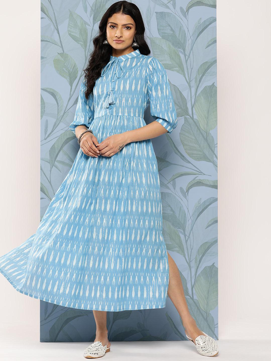 Blue Printed Cotton Fit and Flare Dress