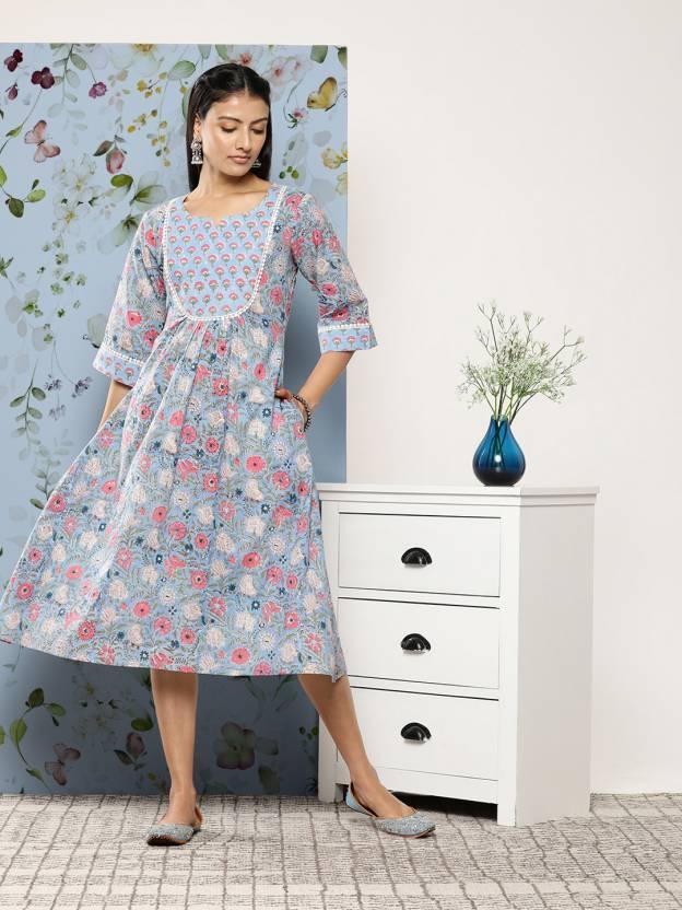 Blue Printed Cotton Fit and Flare Dress