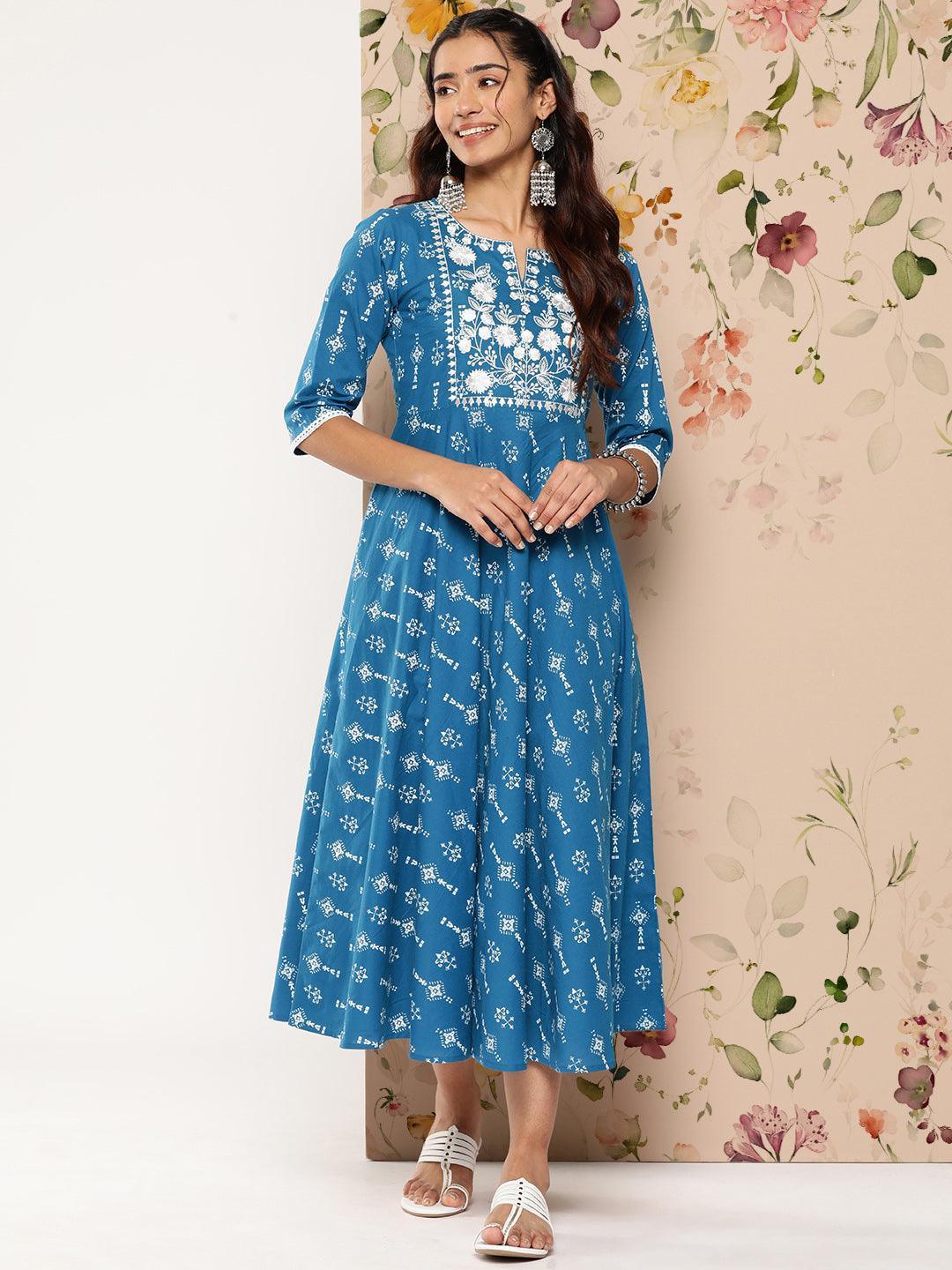 Blue Printed Cotton Fit and Flare Dress