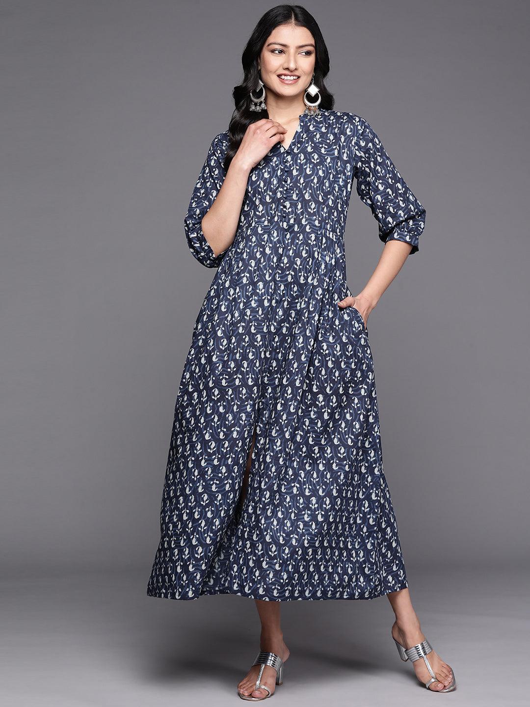 Blue Printed Cotton Fit and Flare Dress