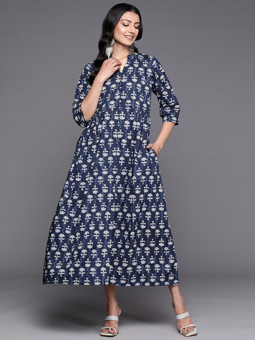 Blue Printed Cotton Fit and Flare Dress - ShopLibas