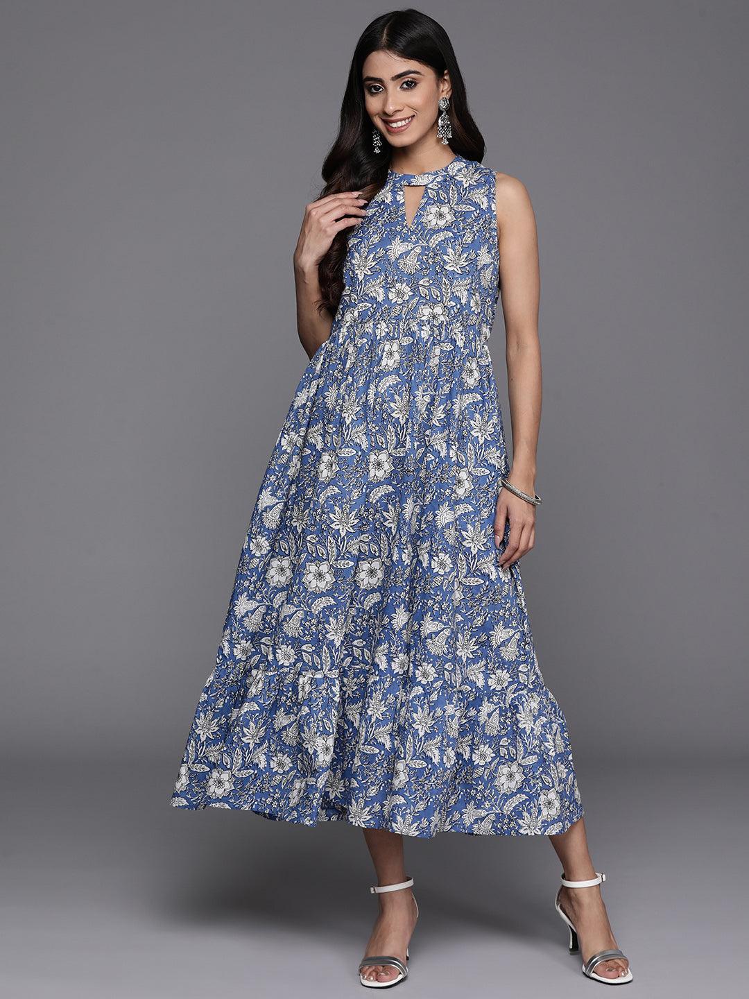 Blue Printed Cotton Fit and Flare Dress