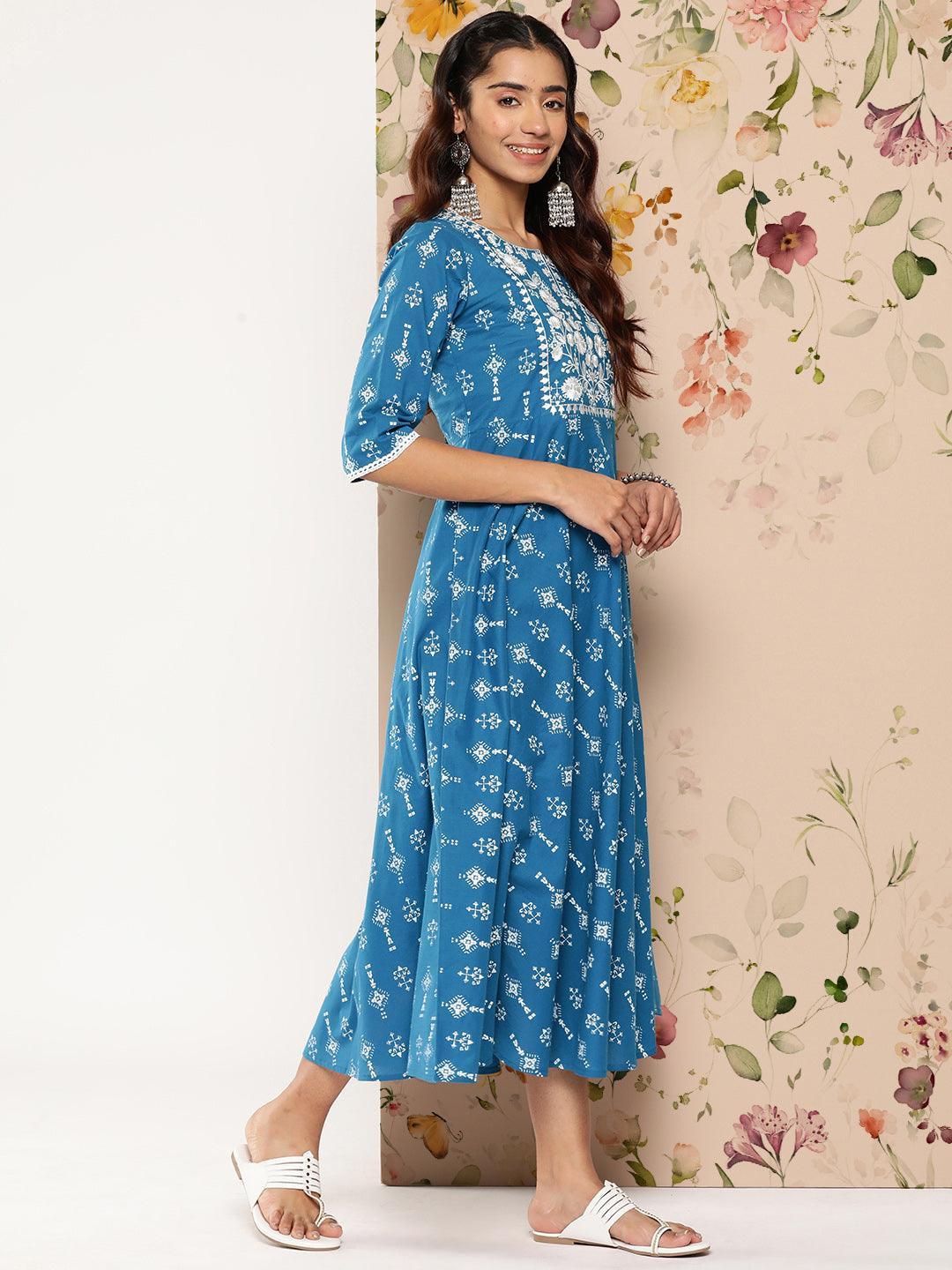 Blue Printed Cotton Fit and Flare Dress