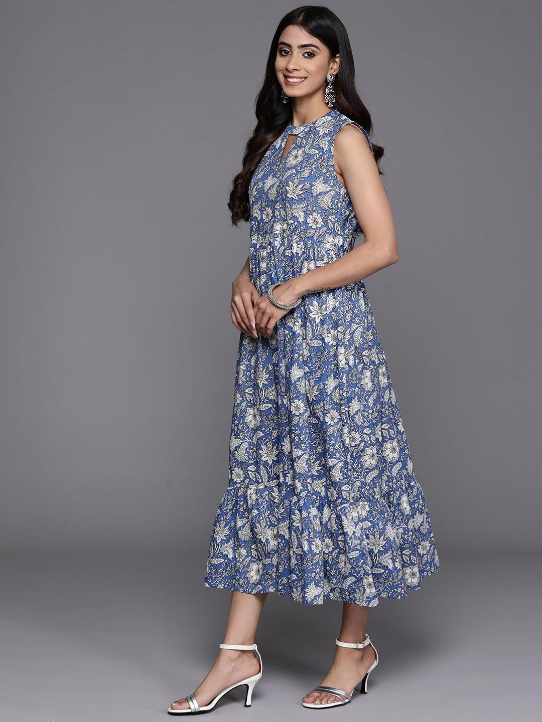 Blue Printed Cotton Fit and Flare Dress