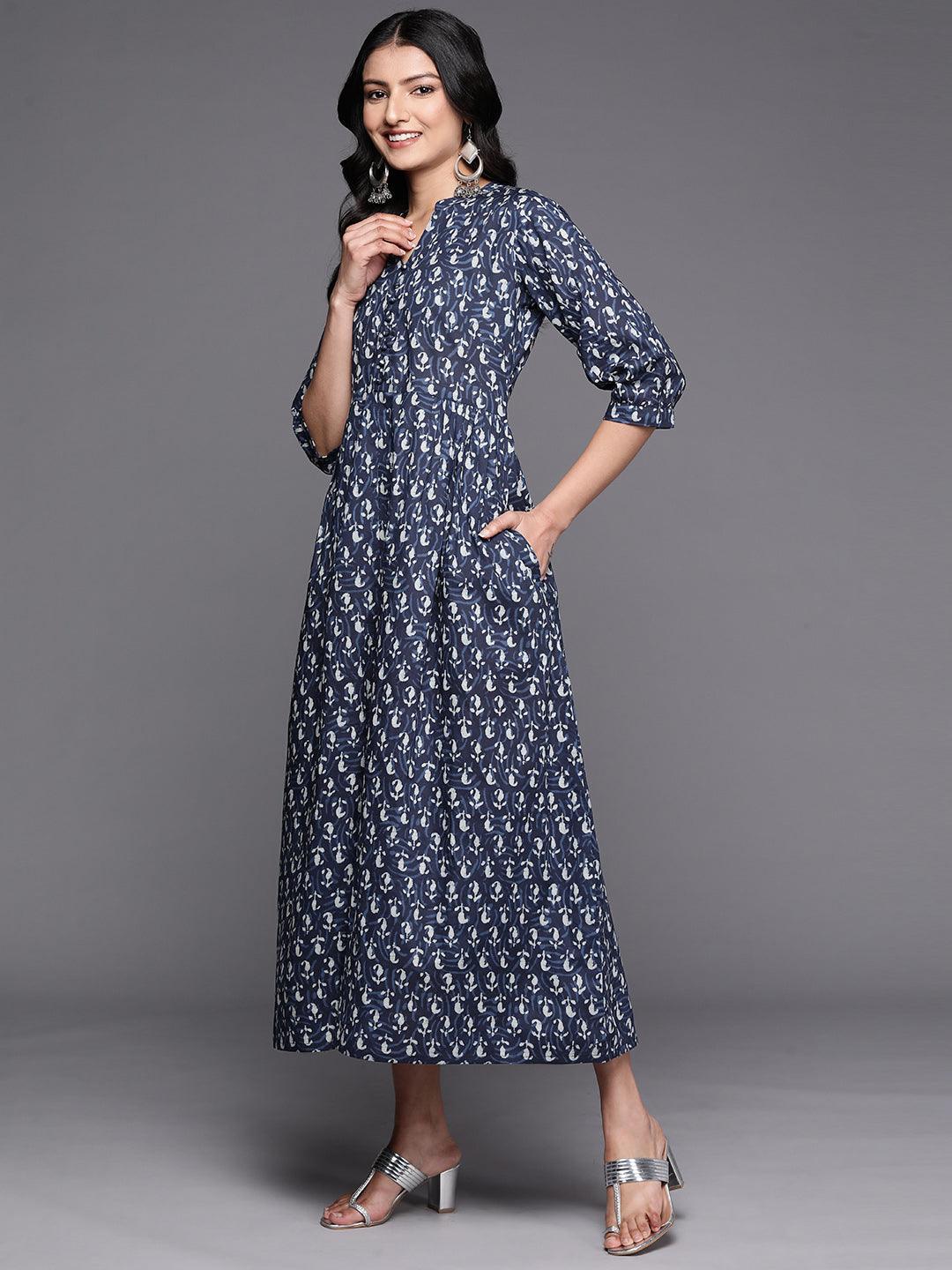 Blue Printed Cotton Fit and Flare Dress - ShopLibas