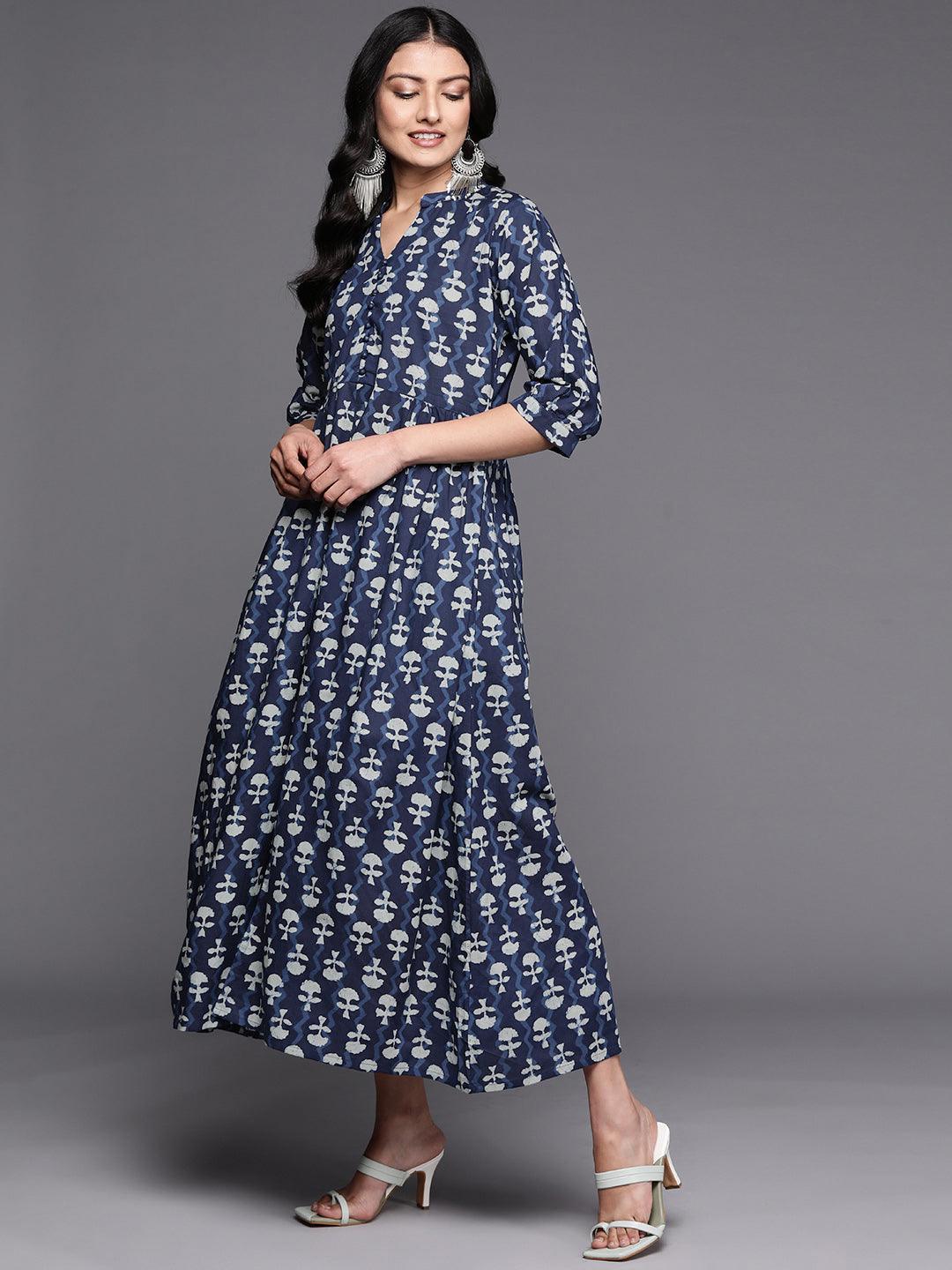 Blue Printed Cotton Fit and Flare Dress