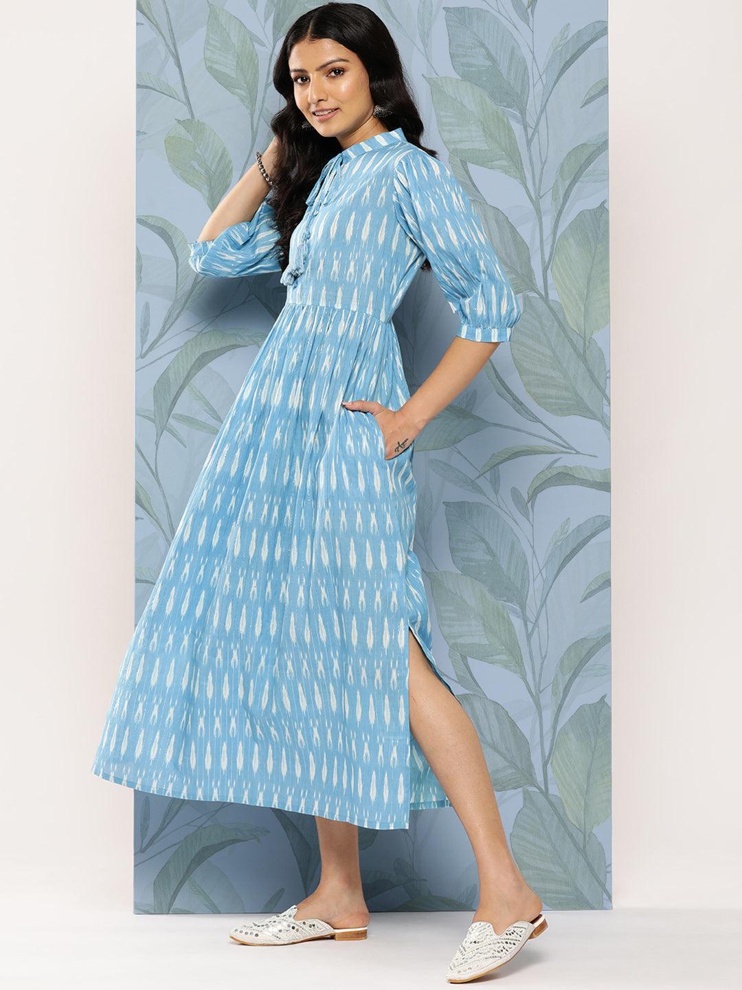 Blue Printed Cotton Fit and Flare Dress