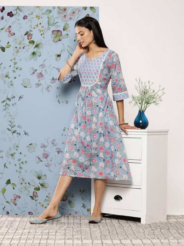 Blue Printed Cotton Fit and Flare Dress