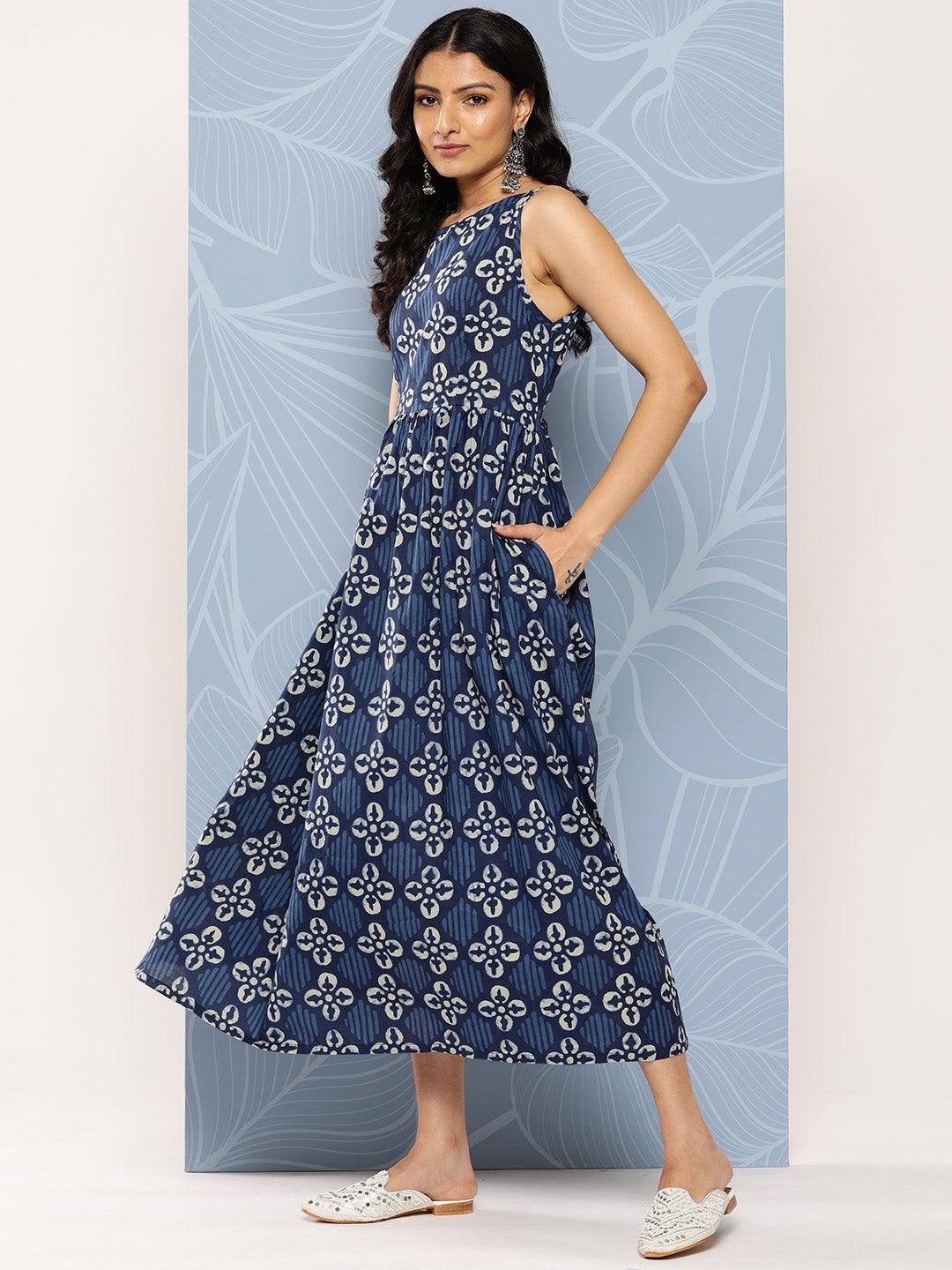 Blue Printed Cotton Fit and Flare Dress