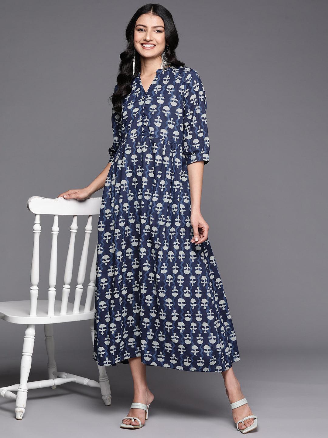 Blue Printed Cotton Fit and Flare Dress