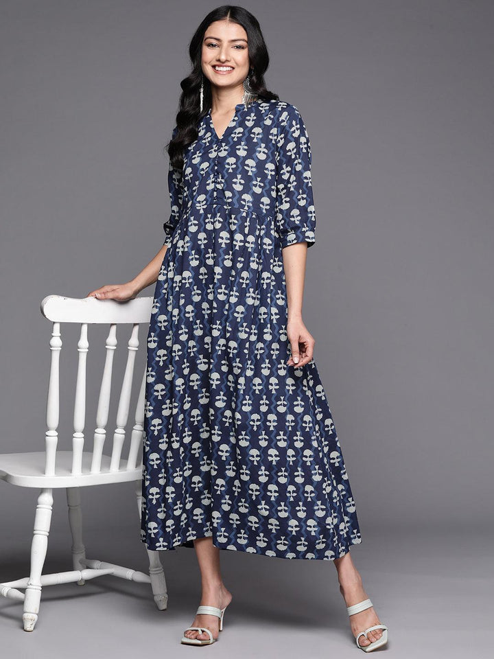 Blue Printed Cotton Fit and Flare Dress - ShopLibas