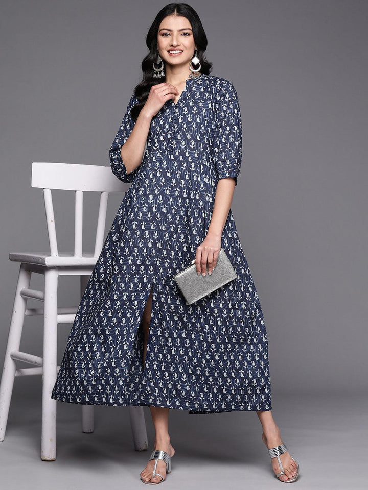 Blue Printed Cotton Fit and Flare Dress - ShopLibas