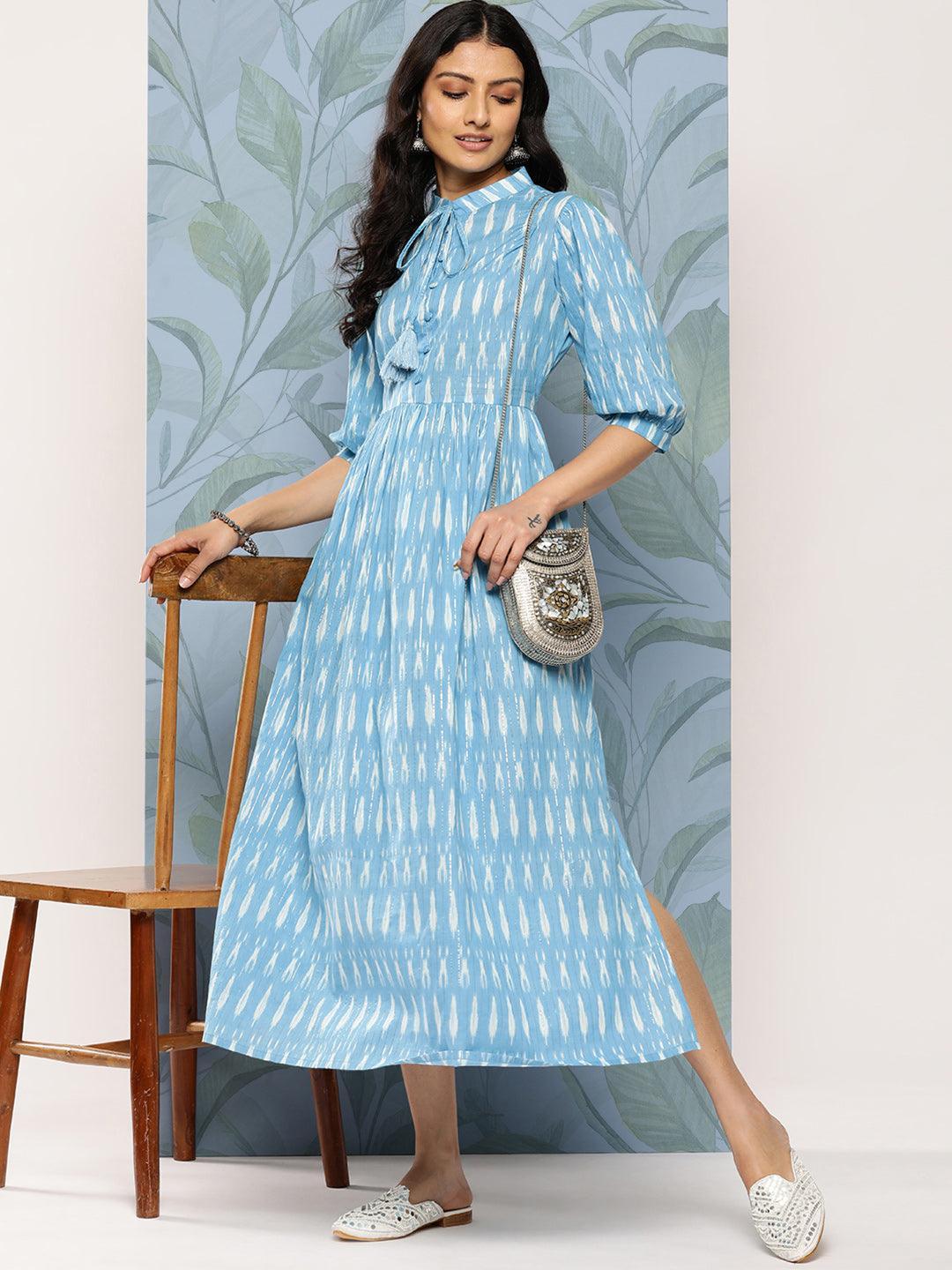 Blue Printed Cotton Fit and Flare Dress