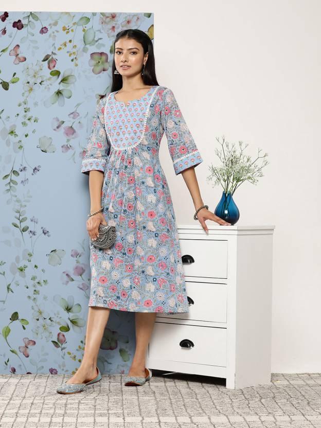 Blue Printed Cotton Fit and Flare Dress