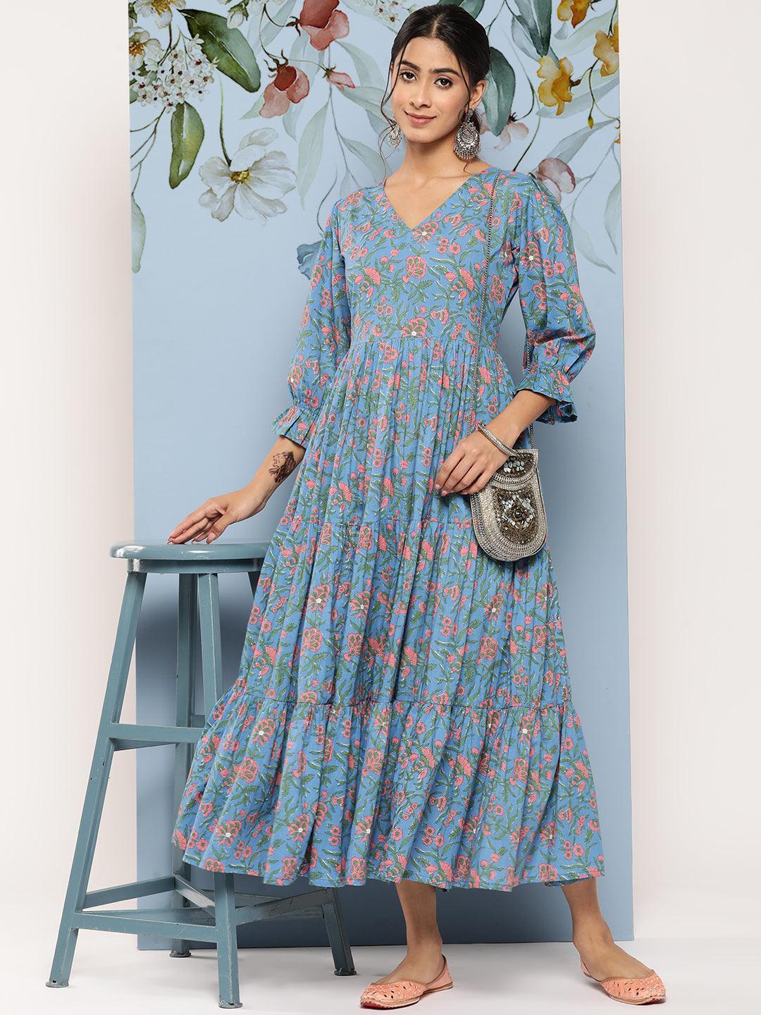 Blue Printed Cotton Fit and Flare Dress - Libas