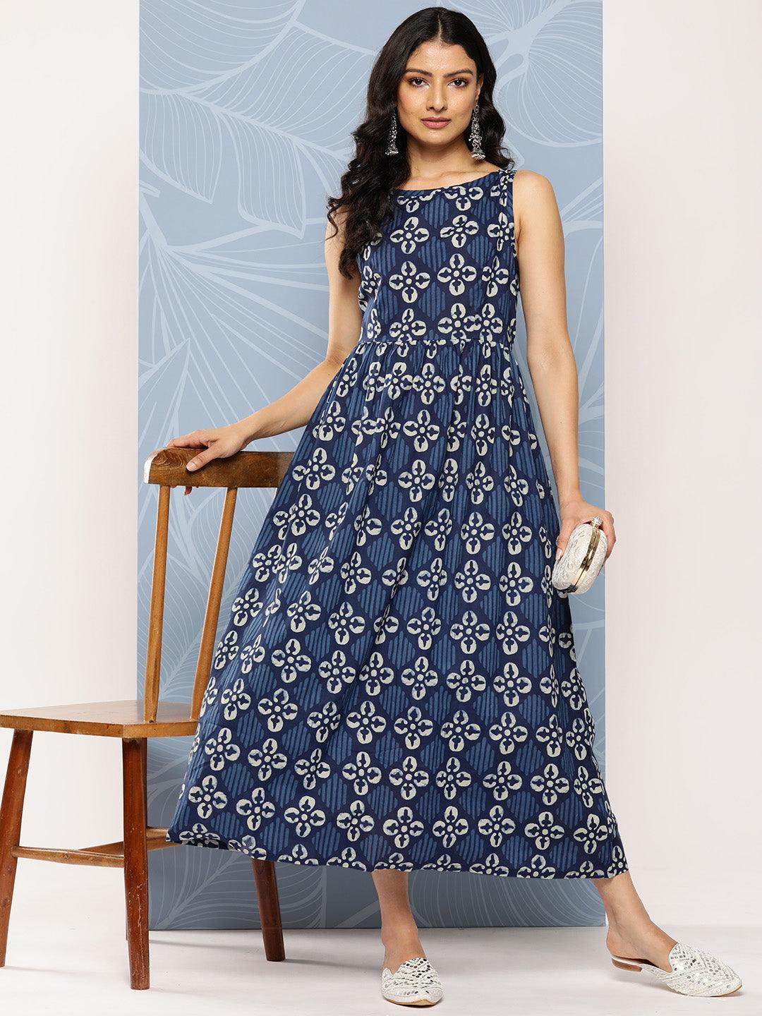 Blue Printed Cotton Fit and Flare Dress