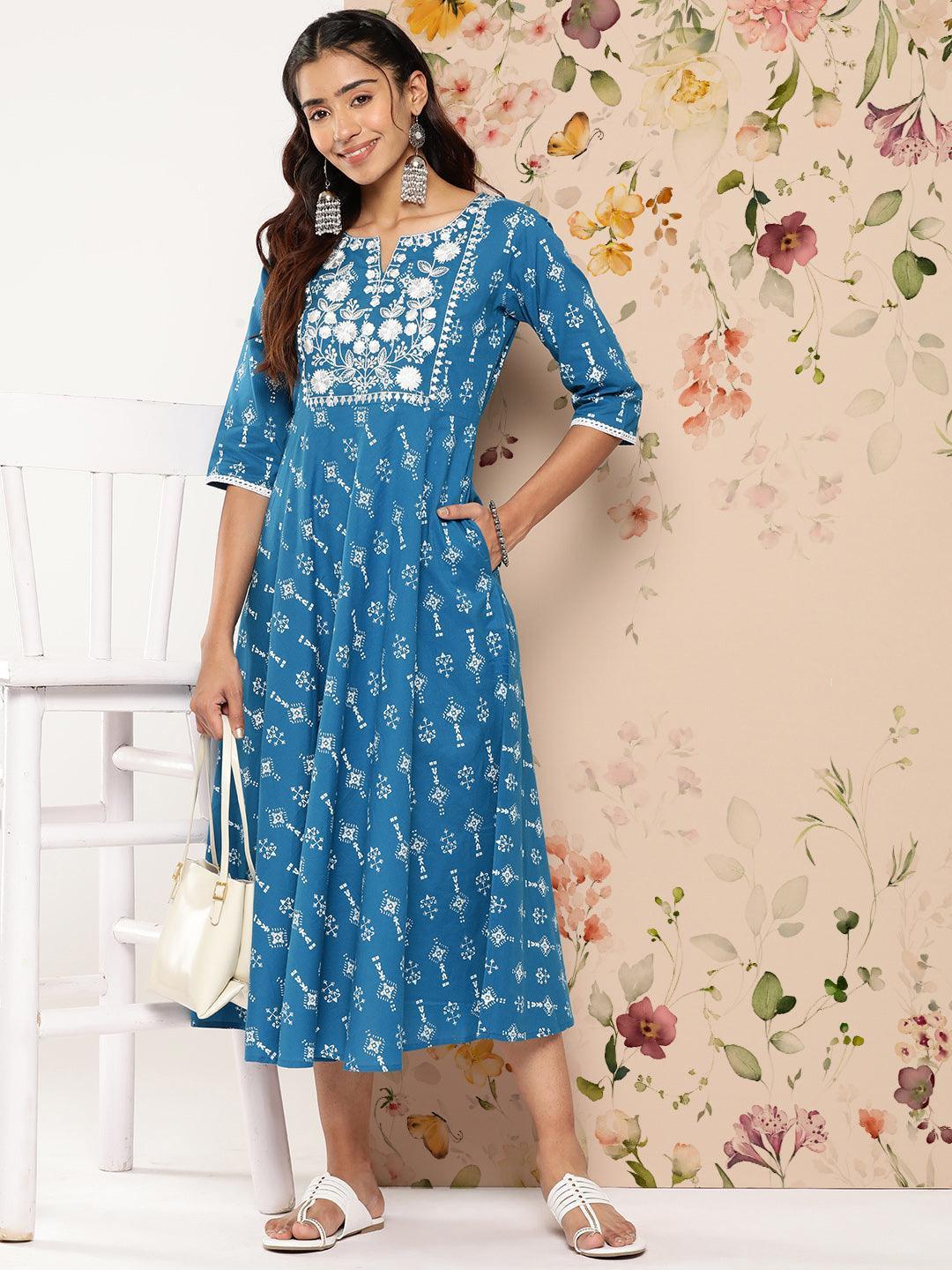 Blue Printed Cotton Fit and Flare Dress