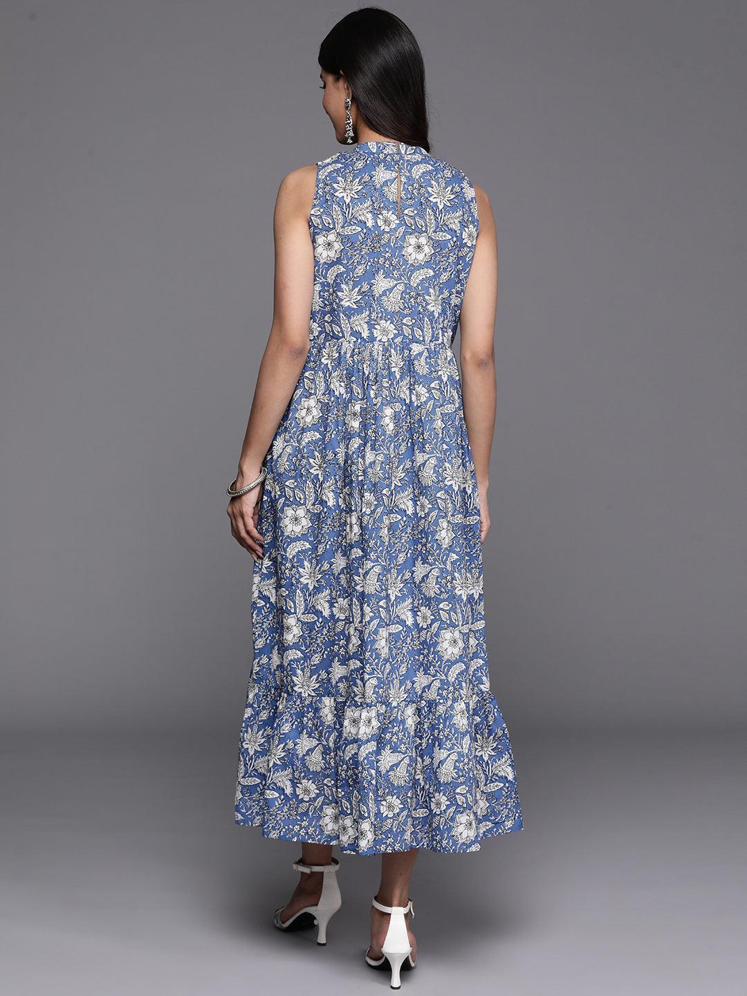 Blue Printed Cotton Fit and Flare Dress