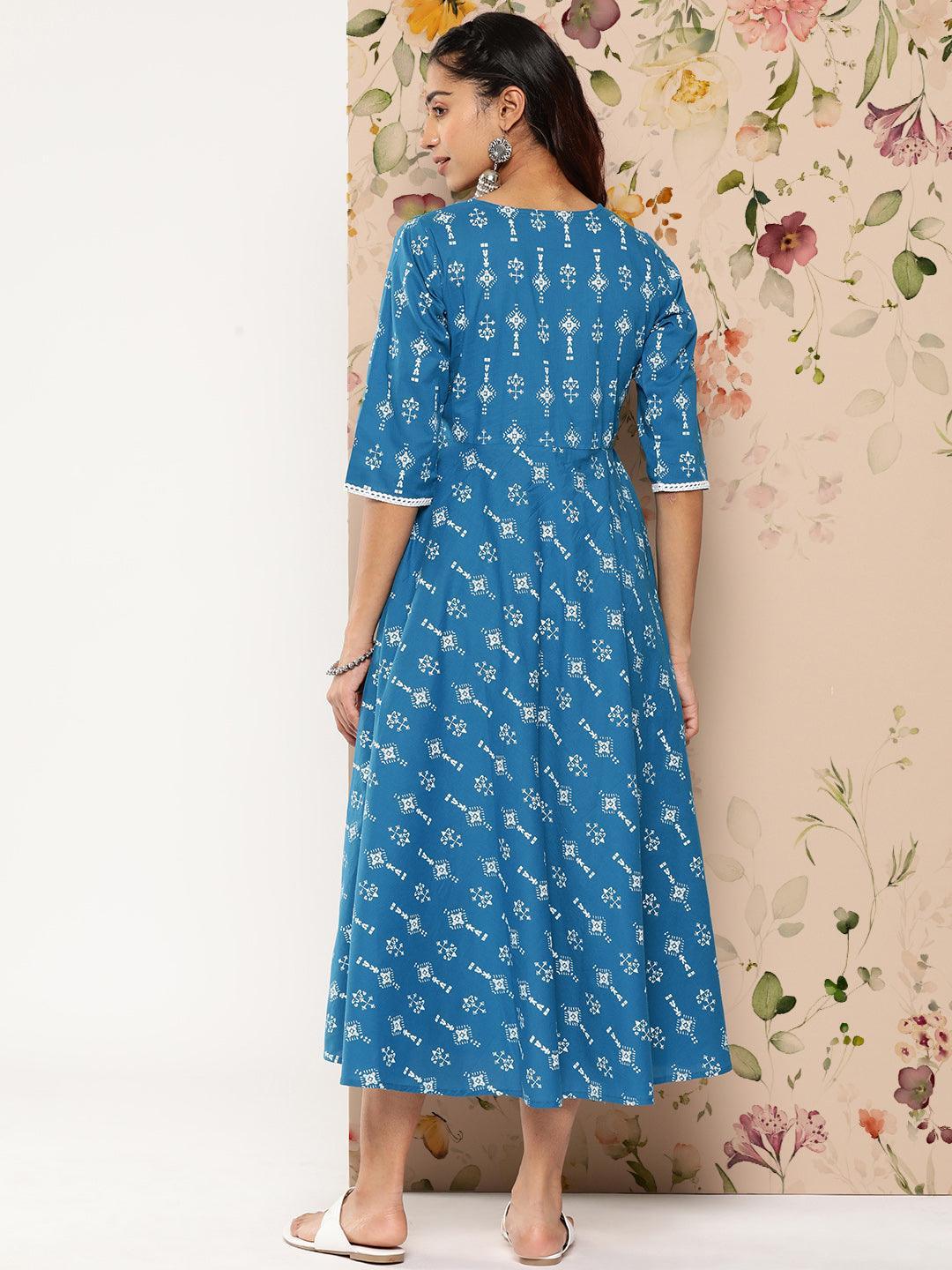 Blue Printed Cotton Fit and Flare Dress