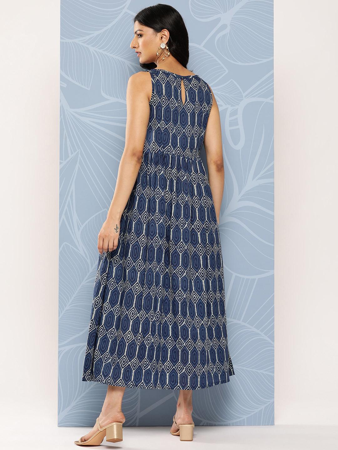 Blue Printed Cotton Fit and Flare Dress