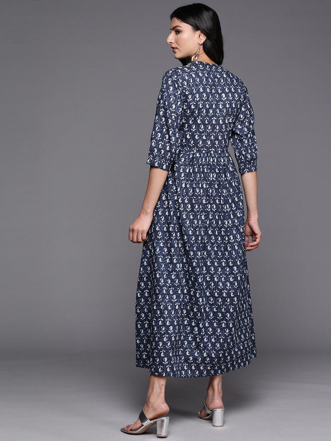 Blue Printed Cotton Fit and Flare Dress