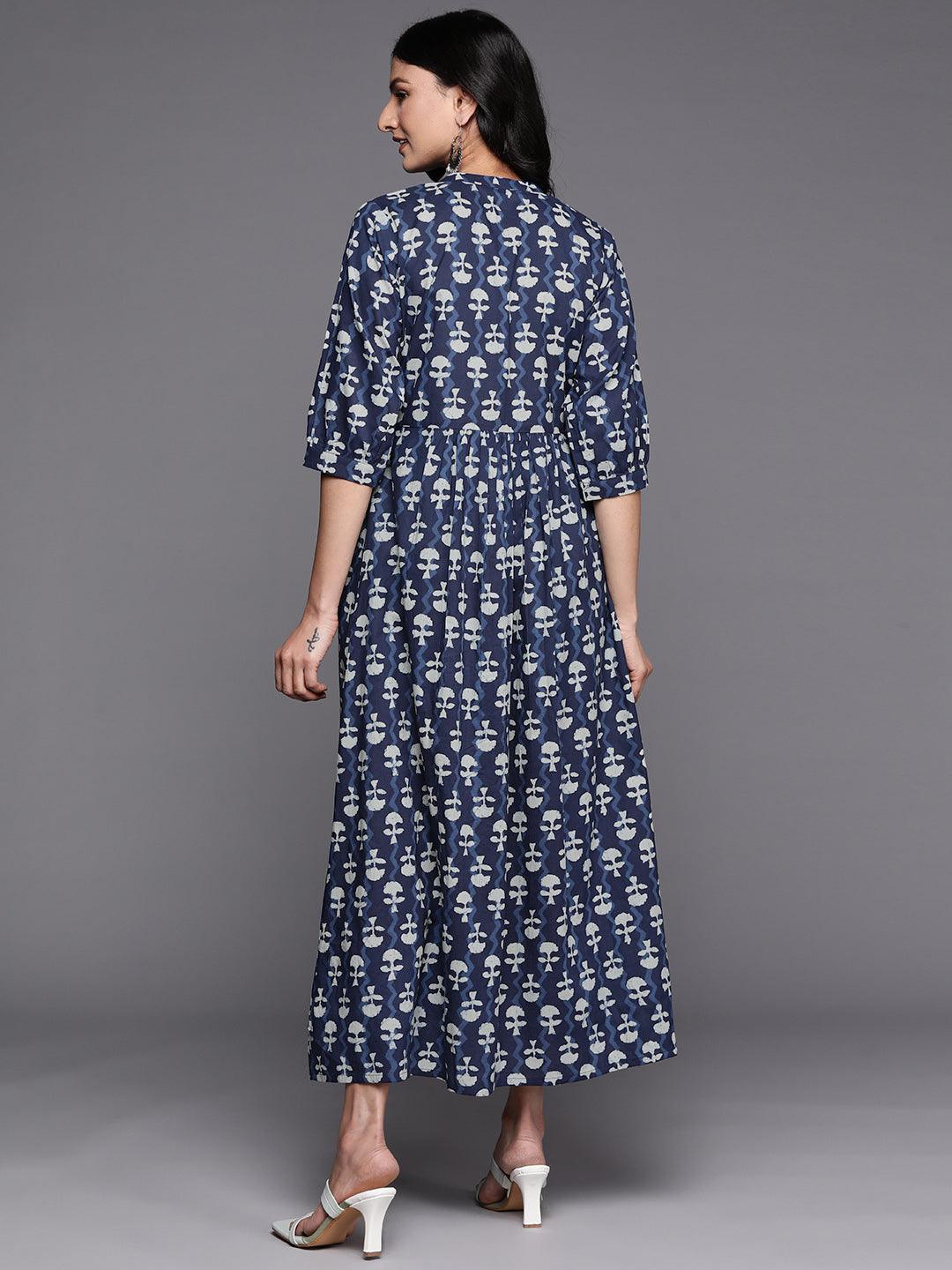 Blue Printed Cotton Fit and Flare Dress