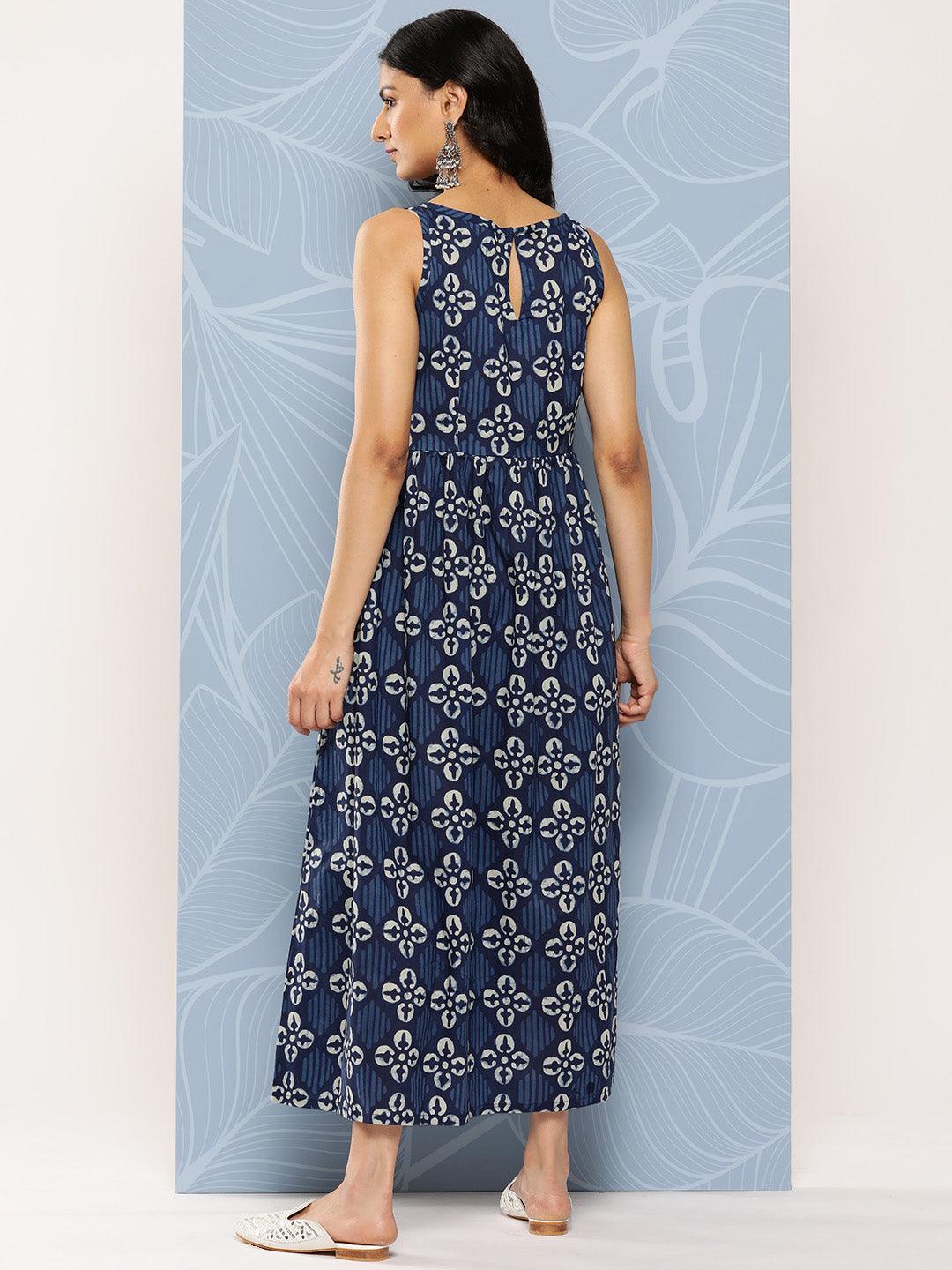 Blue Printed Cotton Fit and Flare Dress - Libas