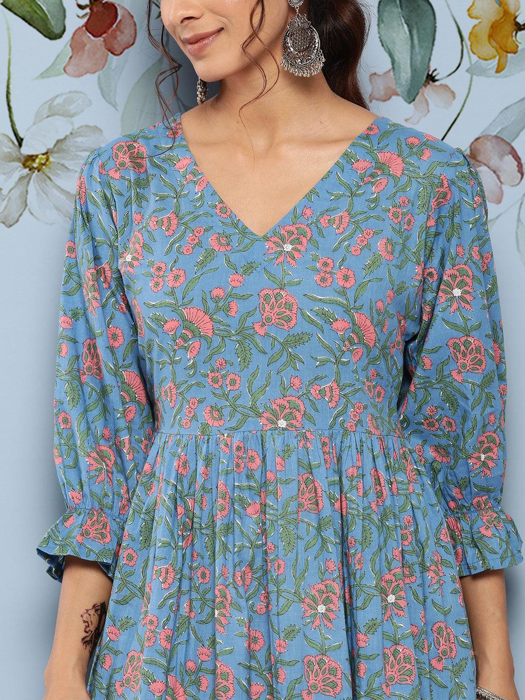 Blue Printed Cotton Fit and Flare Dress