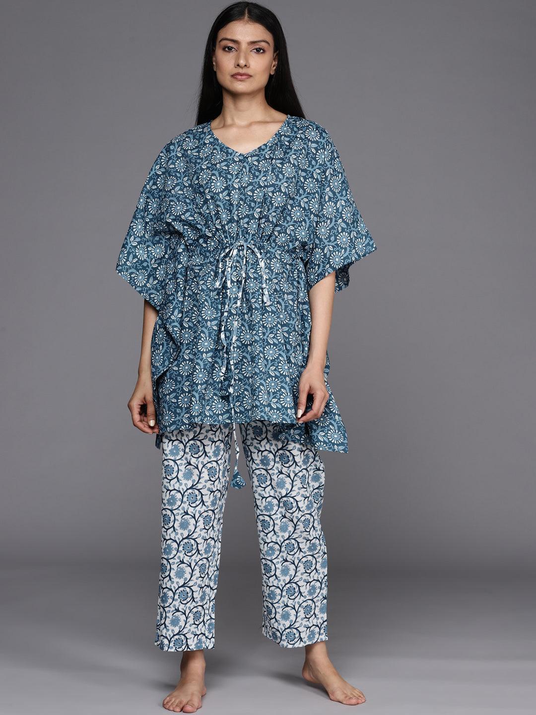 Blue Printed Cotton Night Suit