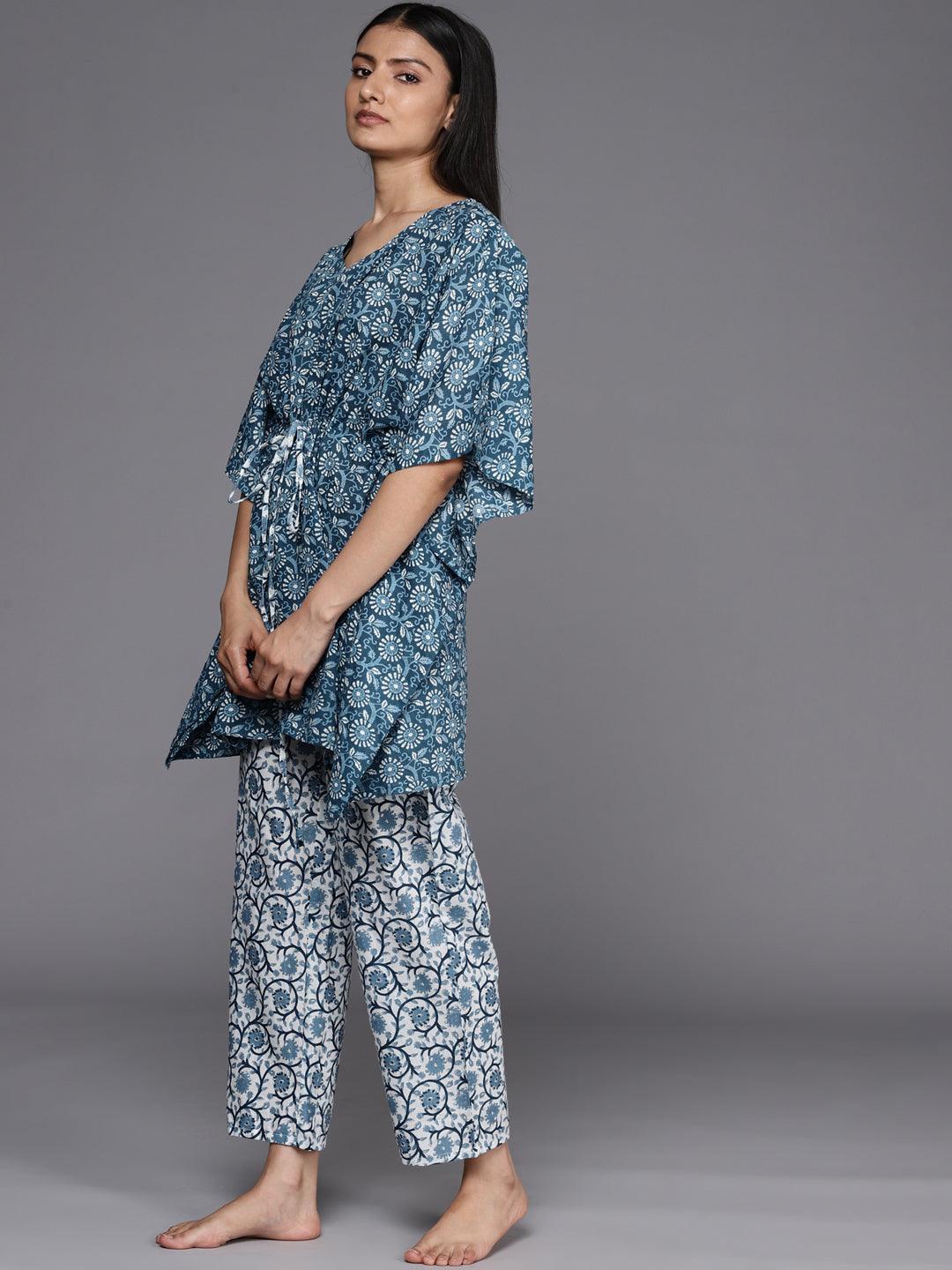 Blue Printed Cotton Night Suit