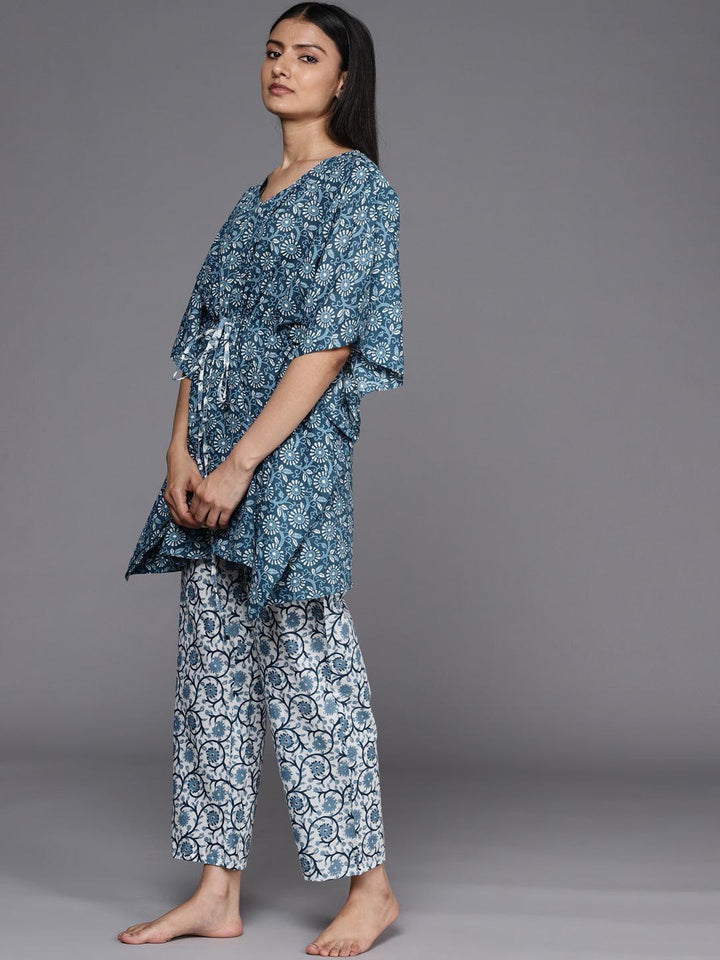 Blue Printed Cotton Night Suit - ShopLibas