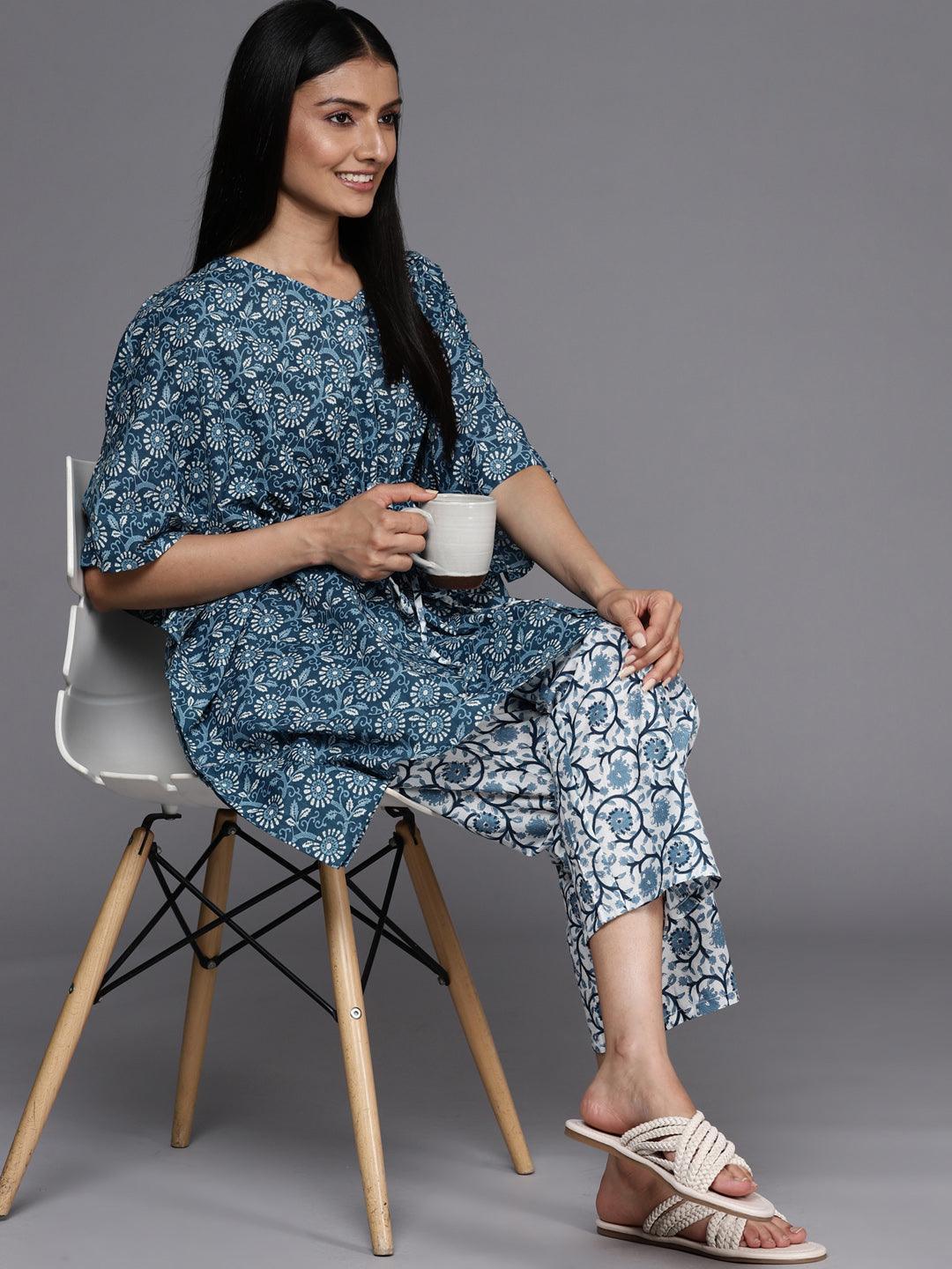 Blue Printed Cotton Night Suit