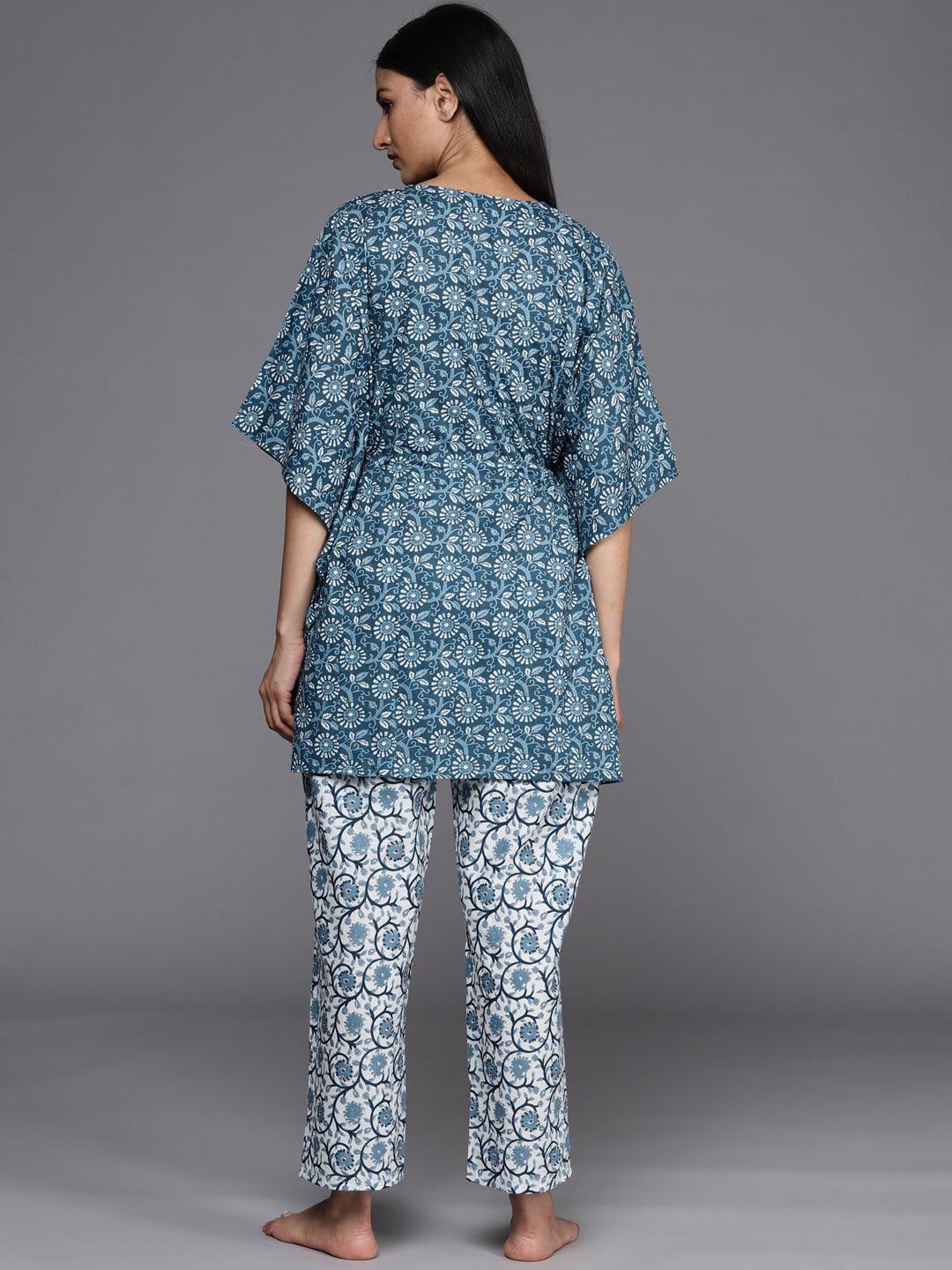 Blue Printed Cotton Night Suit