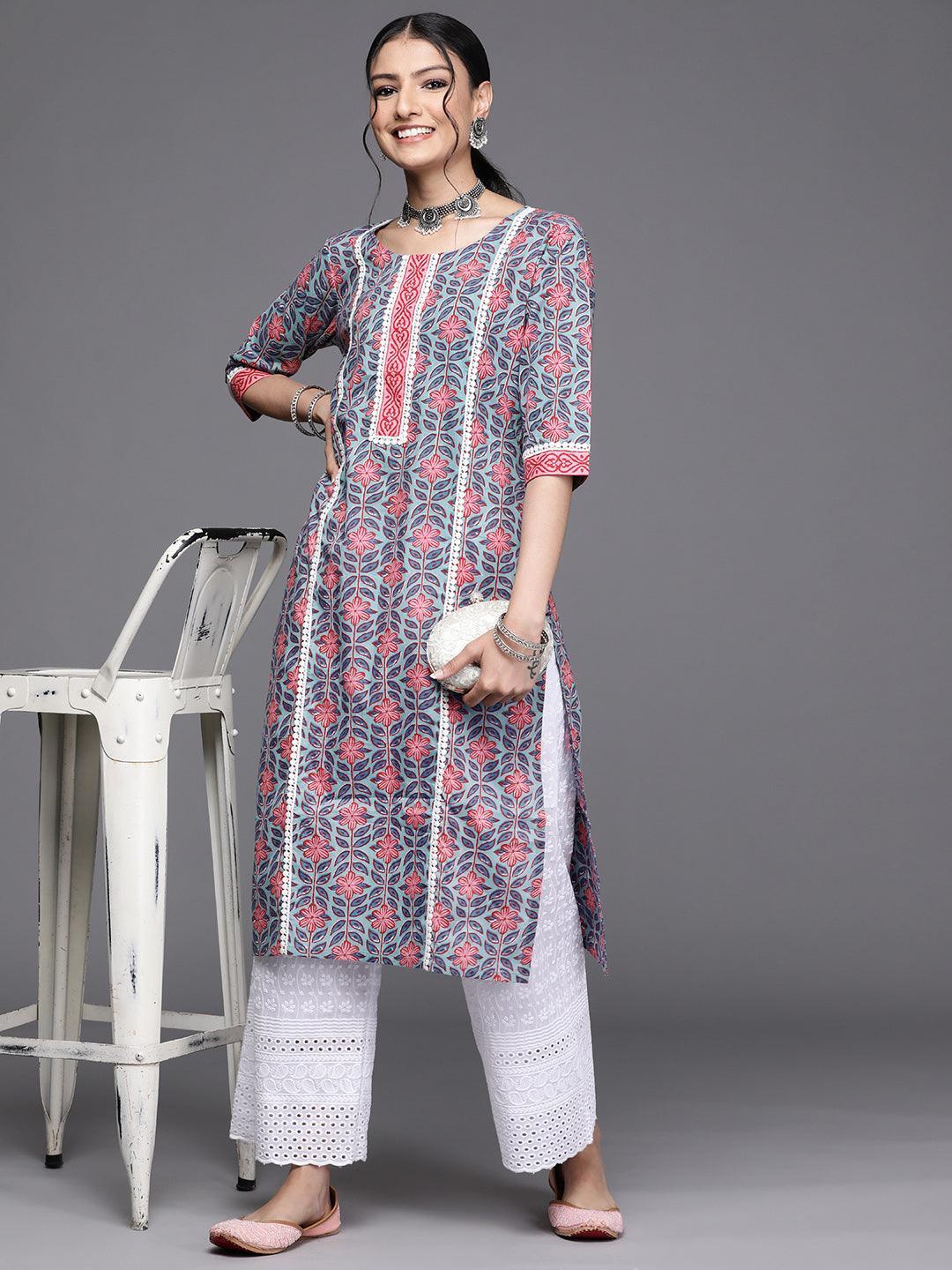 Blue Printed Cotton Kurta