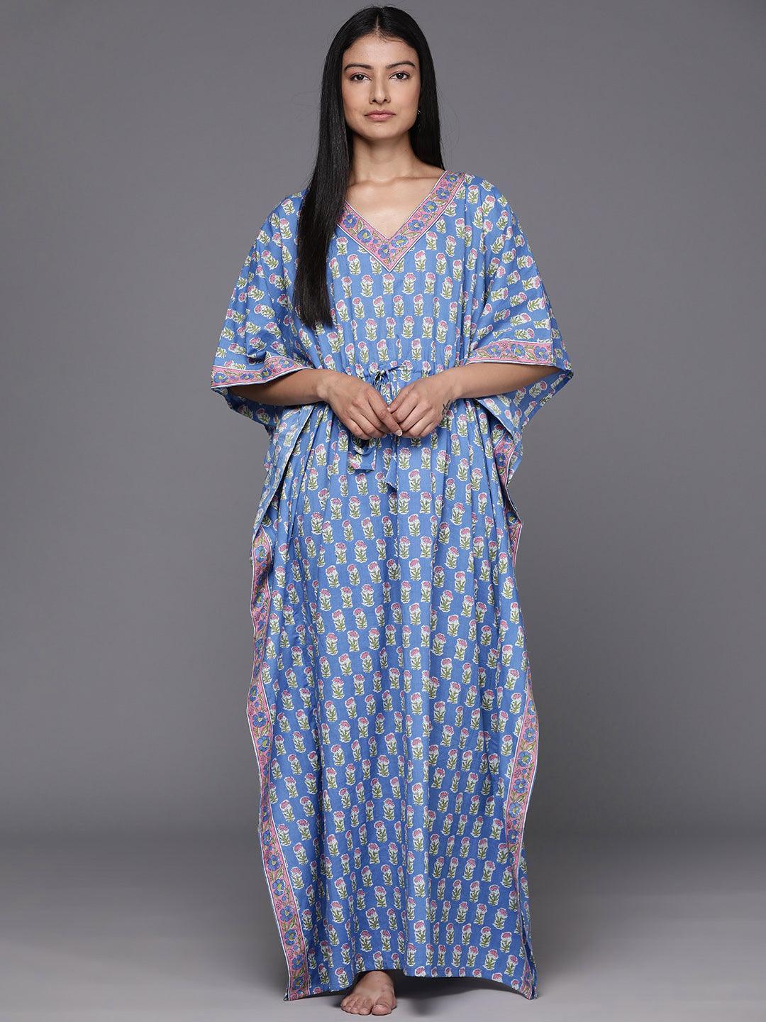 Blue Printed Cotton Night Dress - Libas