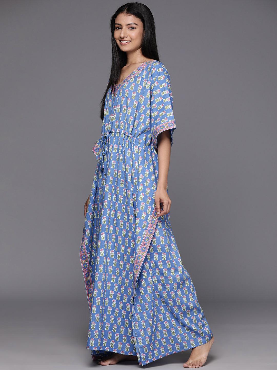 Blue Printed Cotton Night Dress