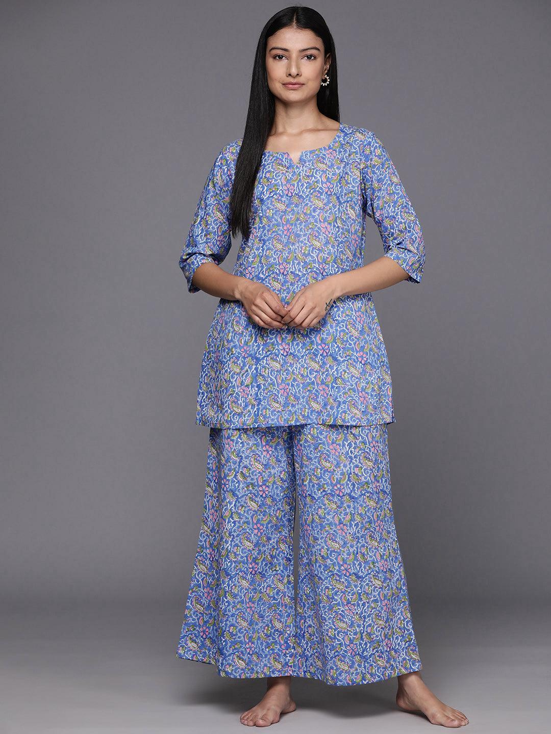 Blue Printed Cotton Night Suit