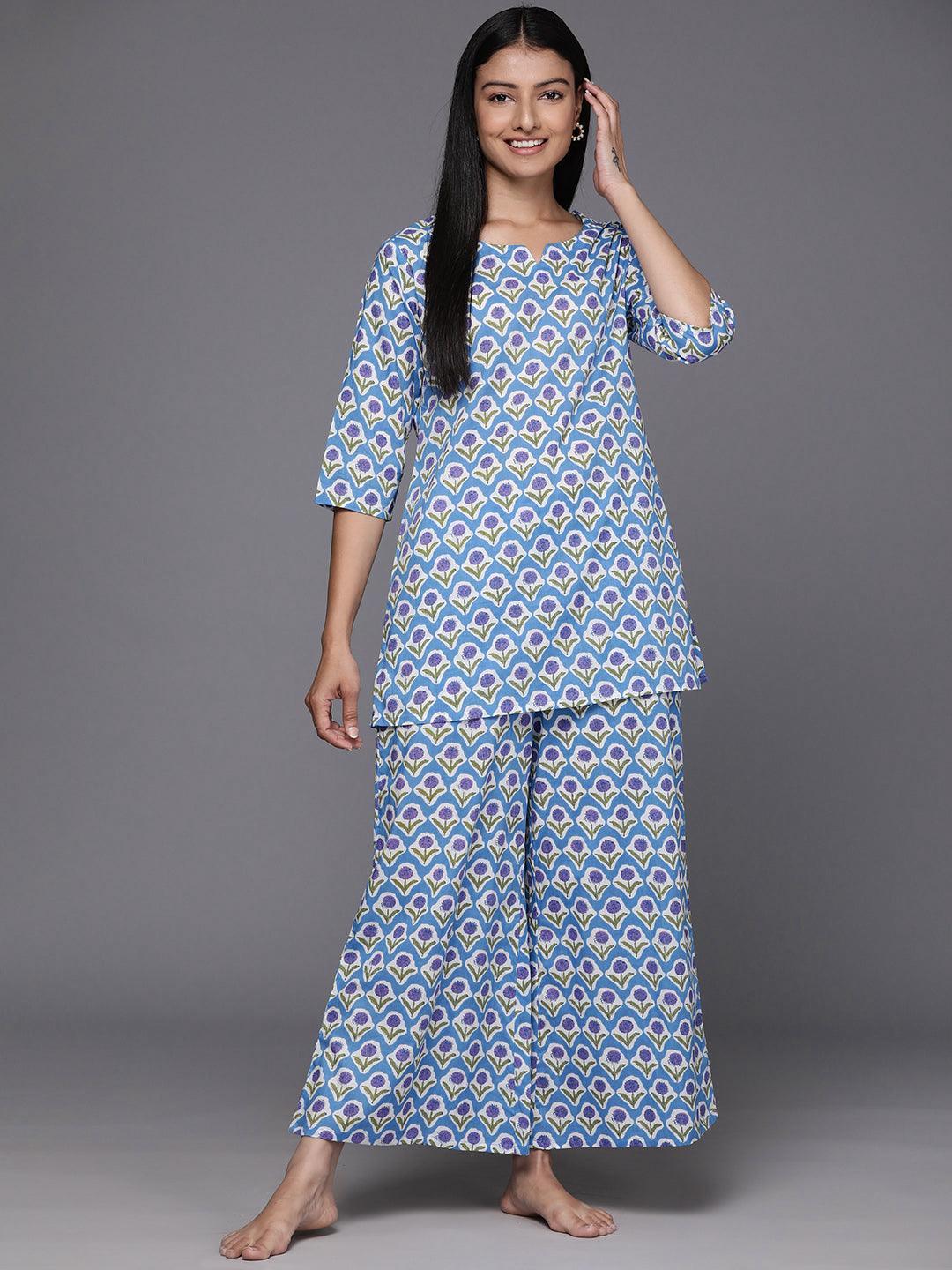 Blue Printed Cotton Night Suit