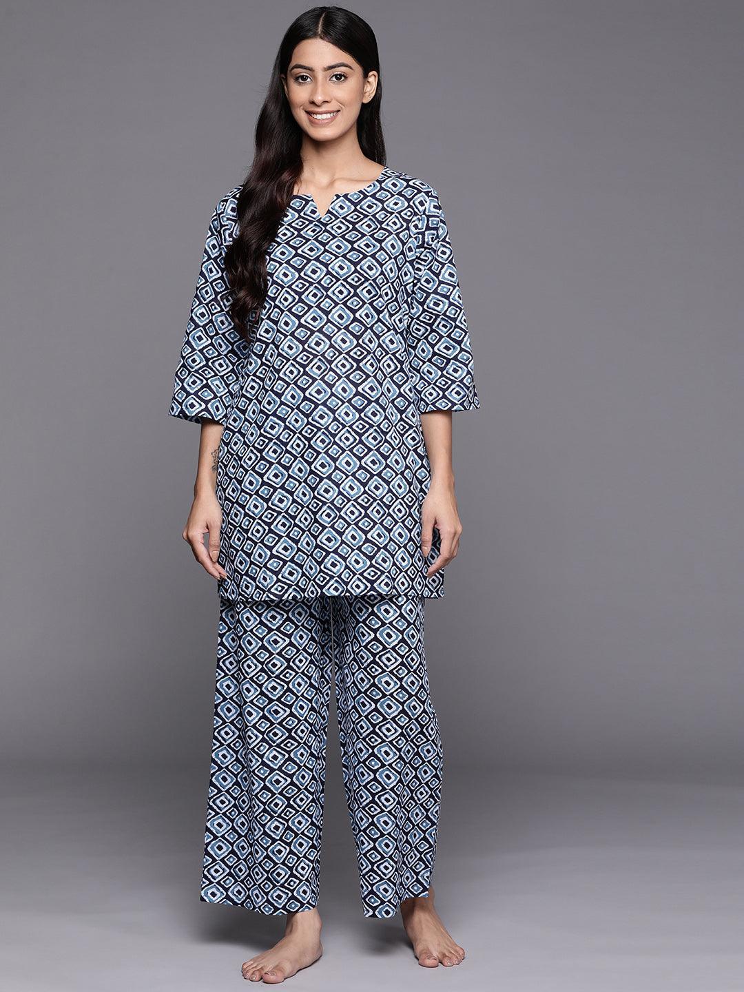 Blue Printed Cotton Night Suit