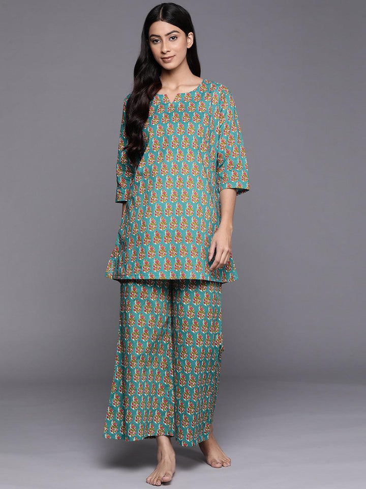 Blue Printed Cotton Night Suit - ShopLibas