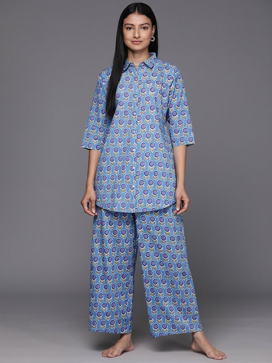 Blue Printed Cotton Night Suit