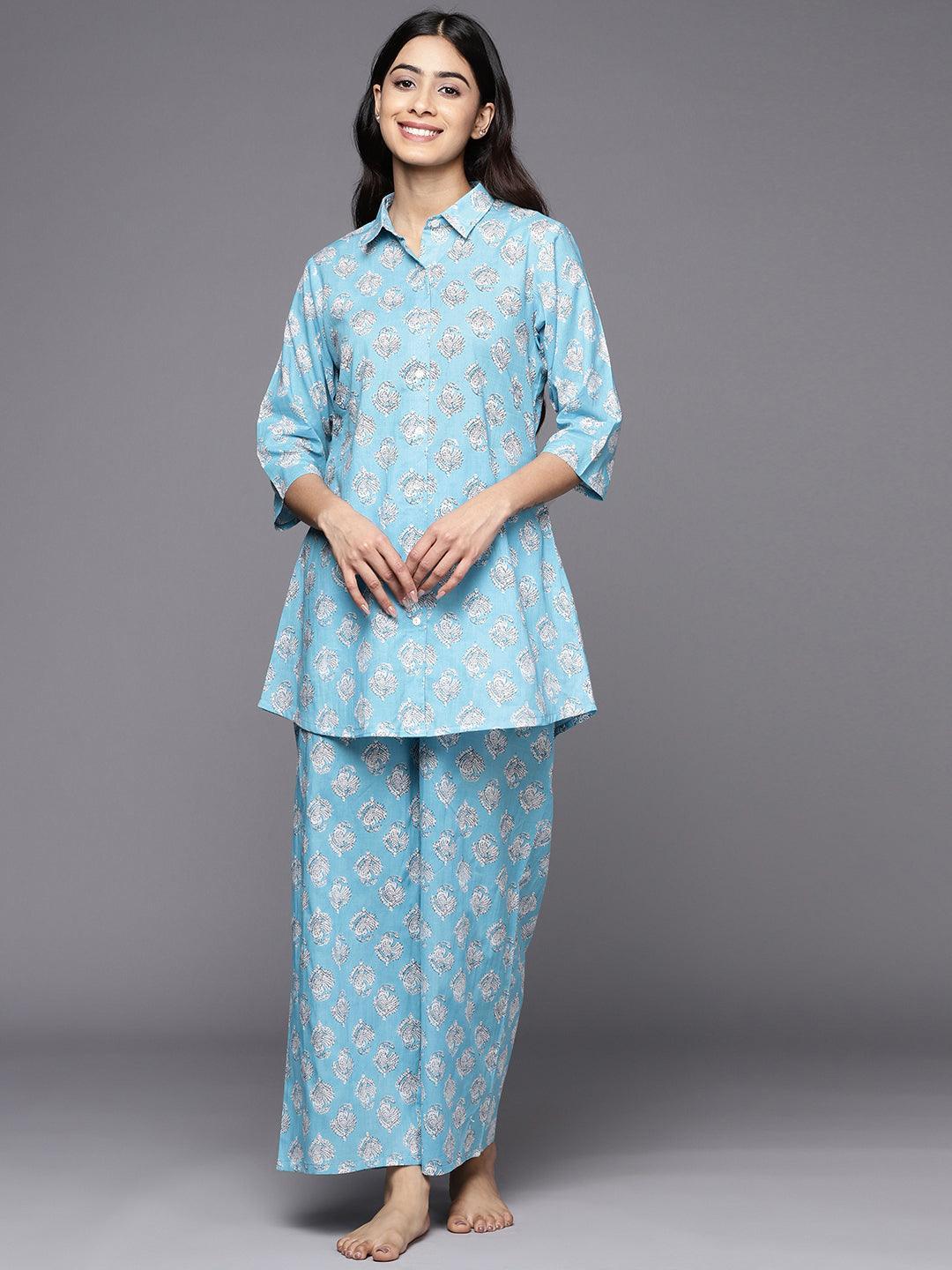 Blue Printed Cotton Night Suit