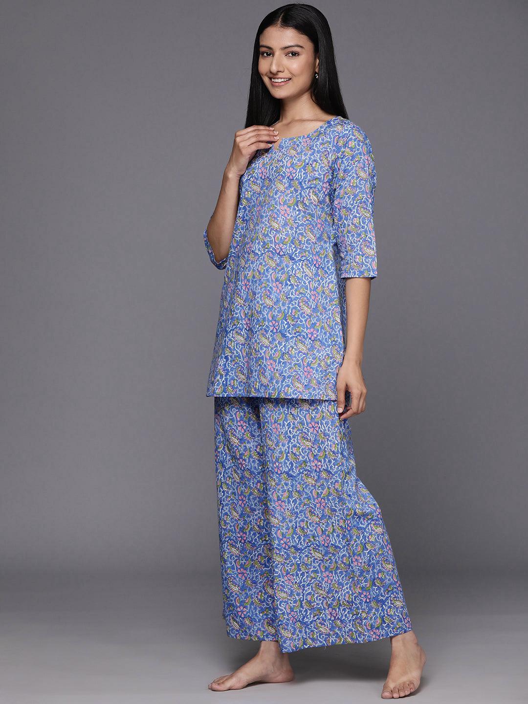 Blue Printed Cotton Night Suit