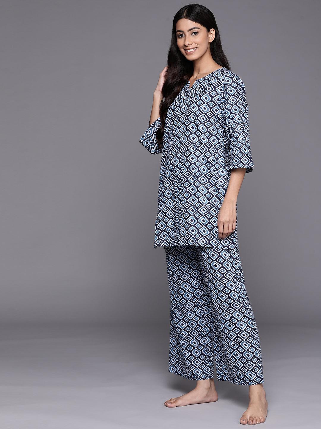 Blue Printed Cotton Night Suit