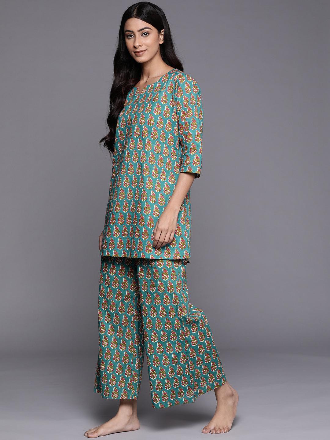 Blue Printed Cotton Night Suit - ShopLibas