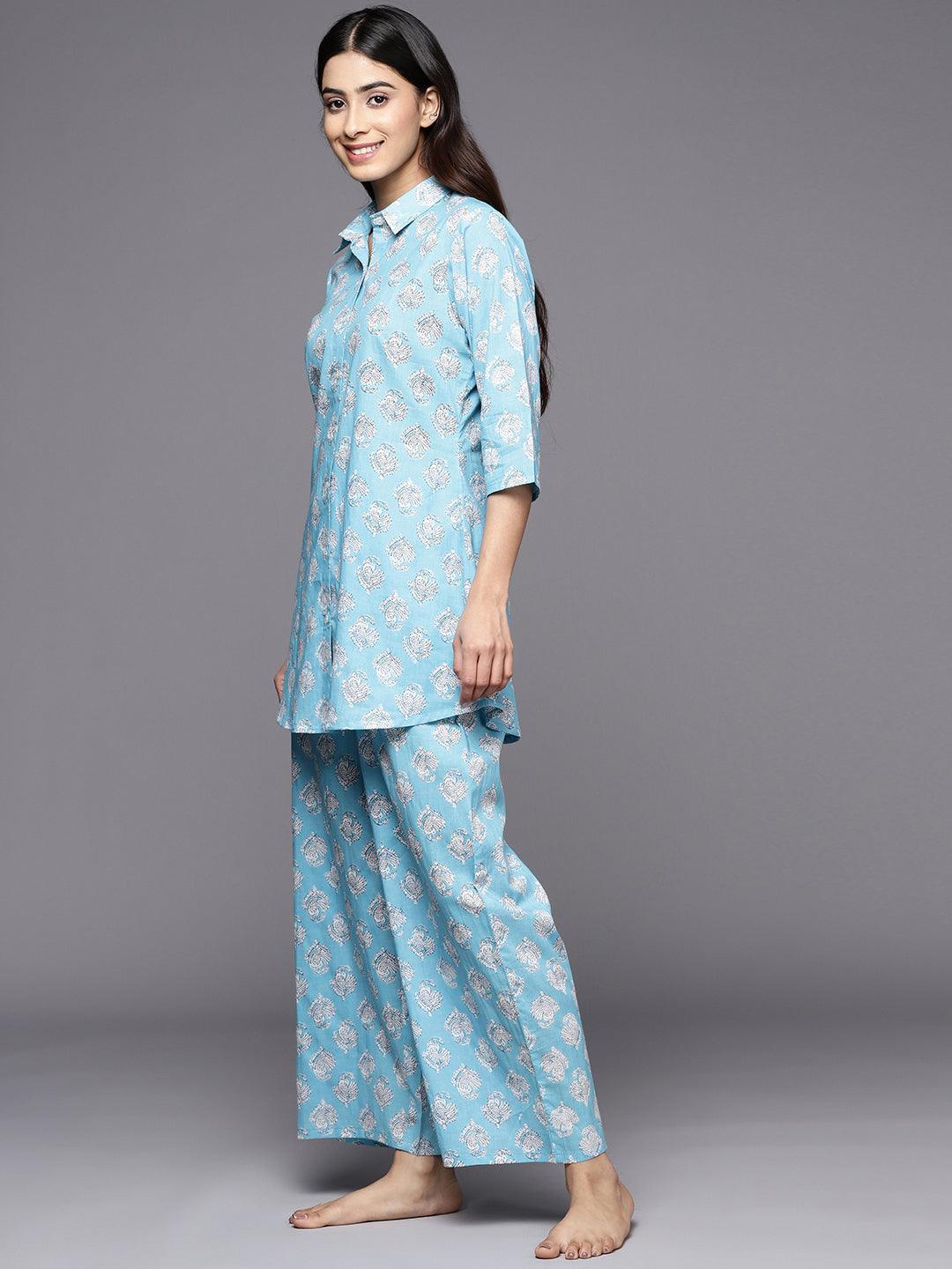 Blue Printed Cotton Night Suit